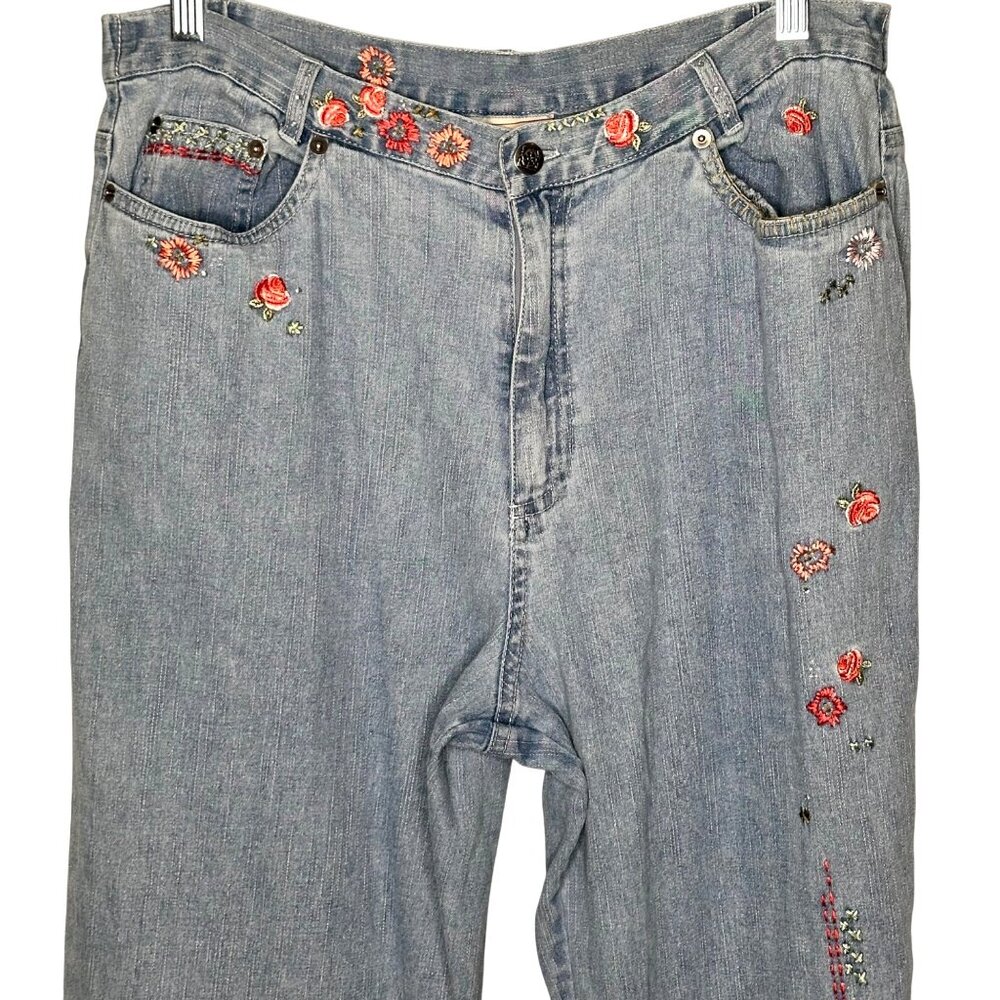 Vintage Boho Embroidered Floral Wide Leg Hight Waist Jeans Womens 14 Cottage